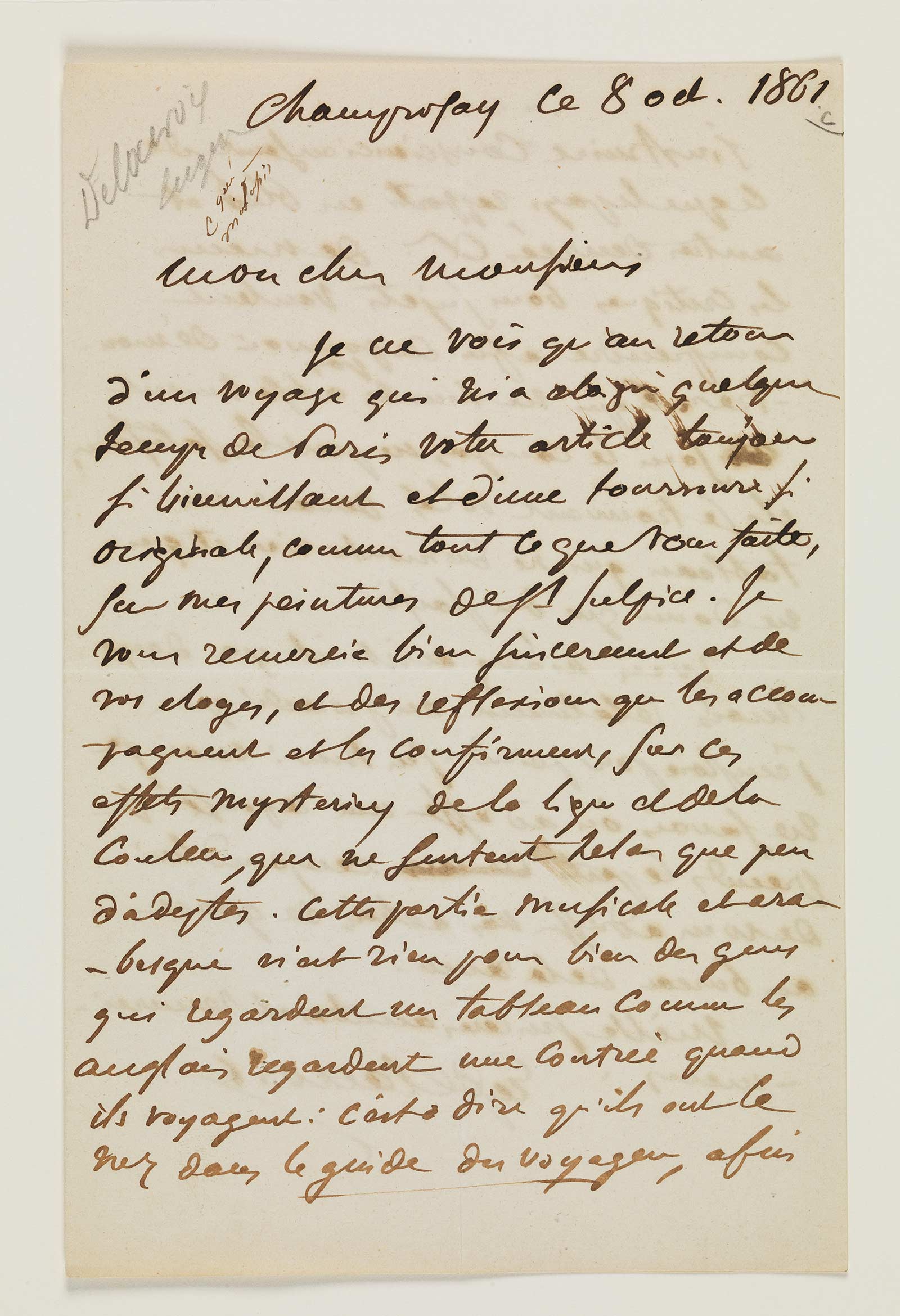 Lettre autographe signée d’Eugène Delacroix à Charles Baudelaire, 8 octobre 1861